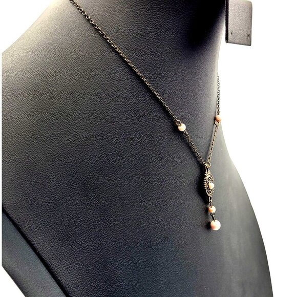 Vintage-Style Bronze Necklace Pink Pearl Accents & Ornate Central Pendant 16" - Picture 3 of 5